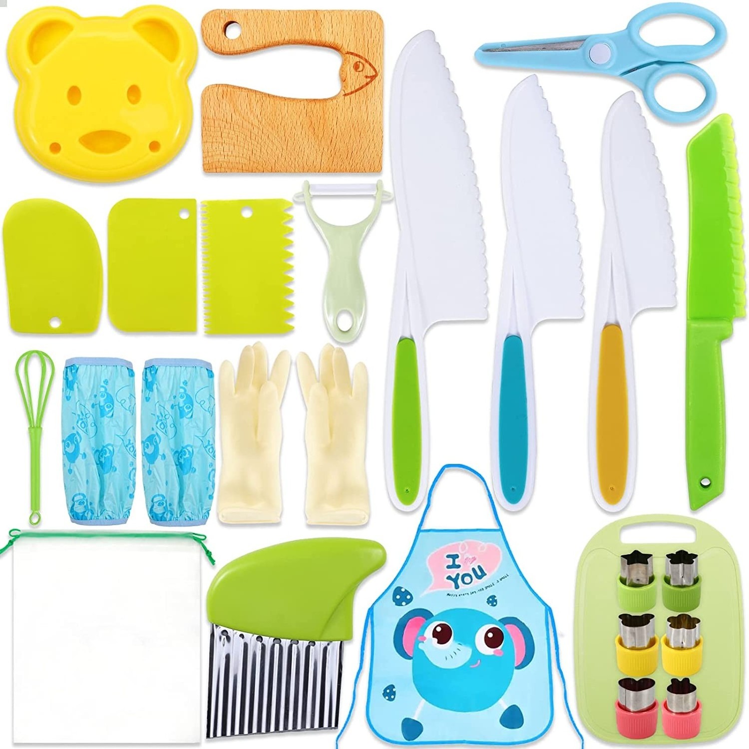 24 Pieces Wooden kitchen Set for Kids with Cutting Board Fruit Vegetable Crinkle Cutters Serrated Edges Plastic Toddler Knife