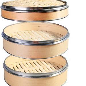 2 Tier Kitchen Bamboo Steamer Double Stainless Steel Banding for Asian Cooking Buns Dumplings Vegetables Fish Rice