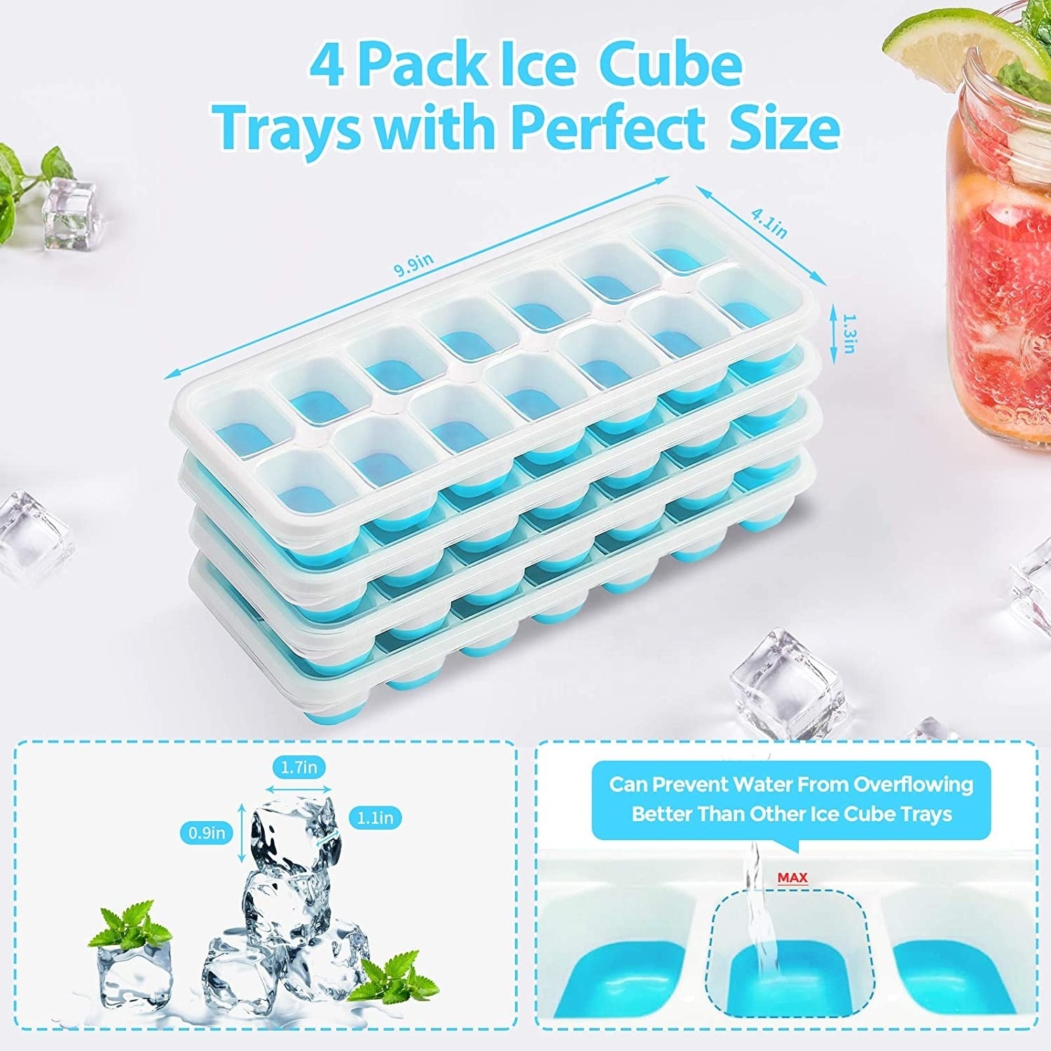 Ice Cube Trays Easy-Release Silicone 14-Ice Cube Trays with Spill-Resistant Removable Lid Stackable Ice Trays