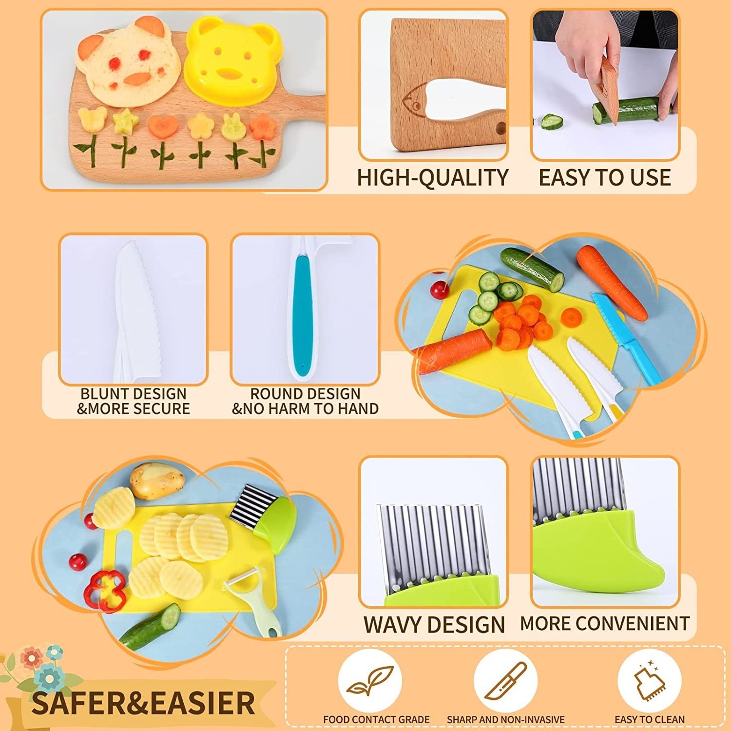 24 Pieces Wooden kitchen Set for Kids with Cutting Board Fruit Vegetable Crinkle Cutters Serrated Edges Plastic Toddler Knife