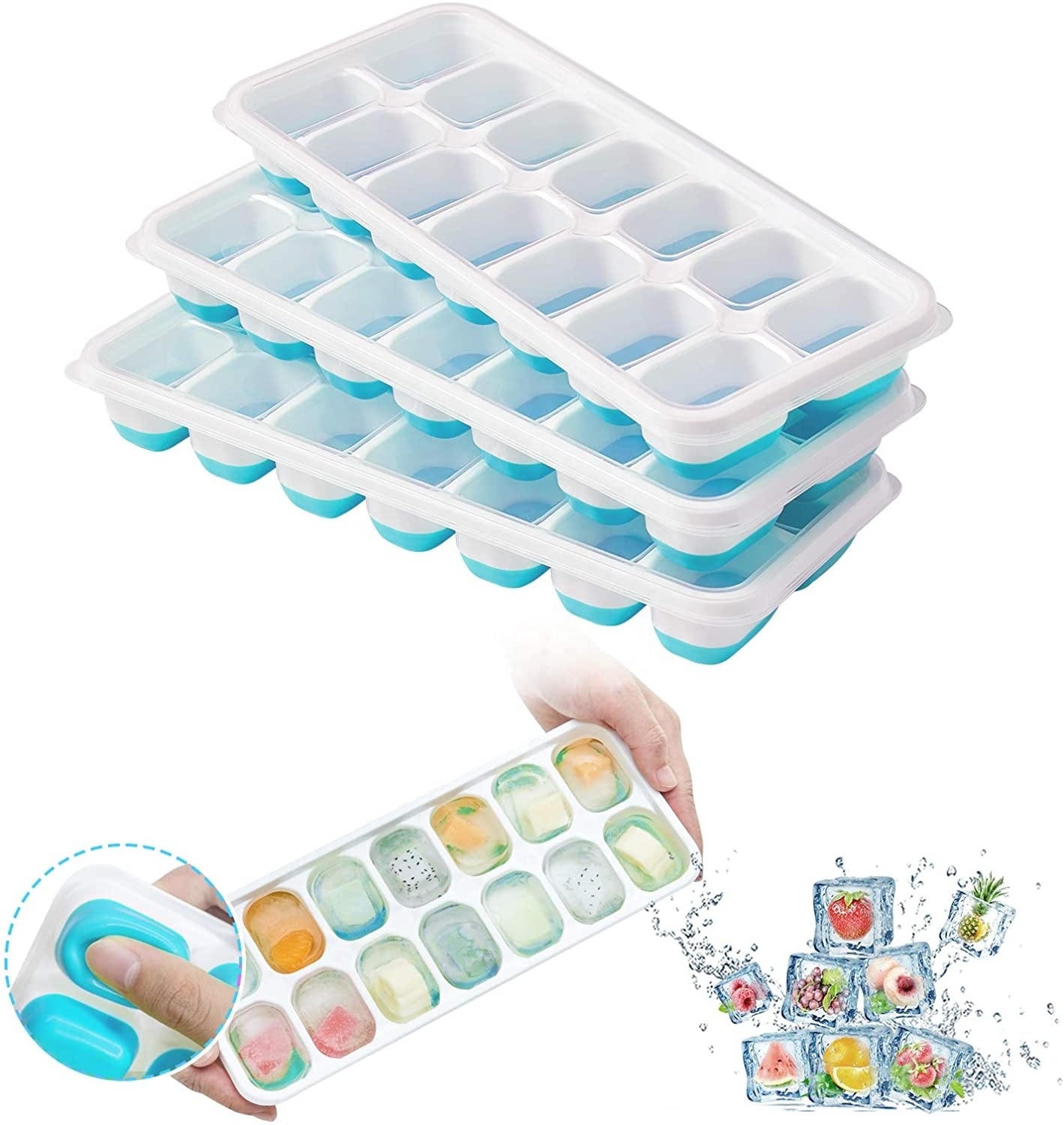 Ice Cube Trays Easy-Release Silicone 14-Ice Cube Trays with Spill-Resistant Removable Lid Stackable Ice Trays