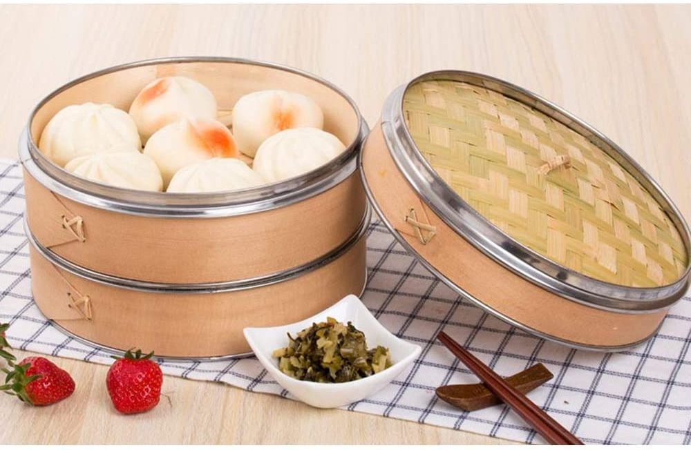 2 Tier Kitchen Bamboo Steamer Double Stainless Steel Banding for Asian Cooking Buns Dumplings Vegetables Fish Rice