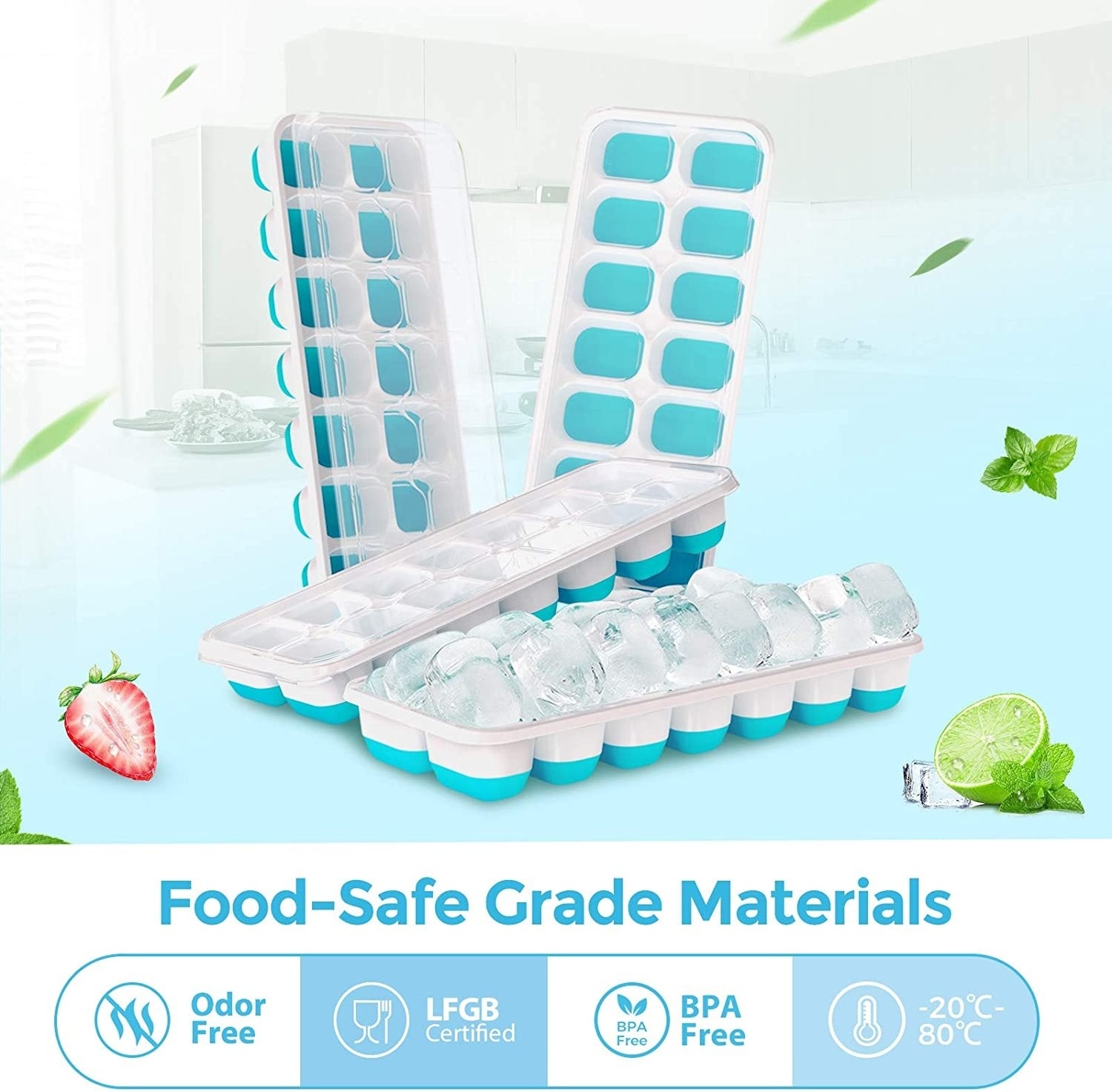 Ice Cube Trays Easy-Release Silicone 14-Ice Cube Trays with Spill-Resistant Removable Lid Stackable Ice Trays