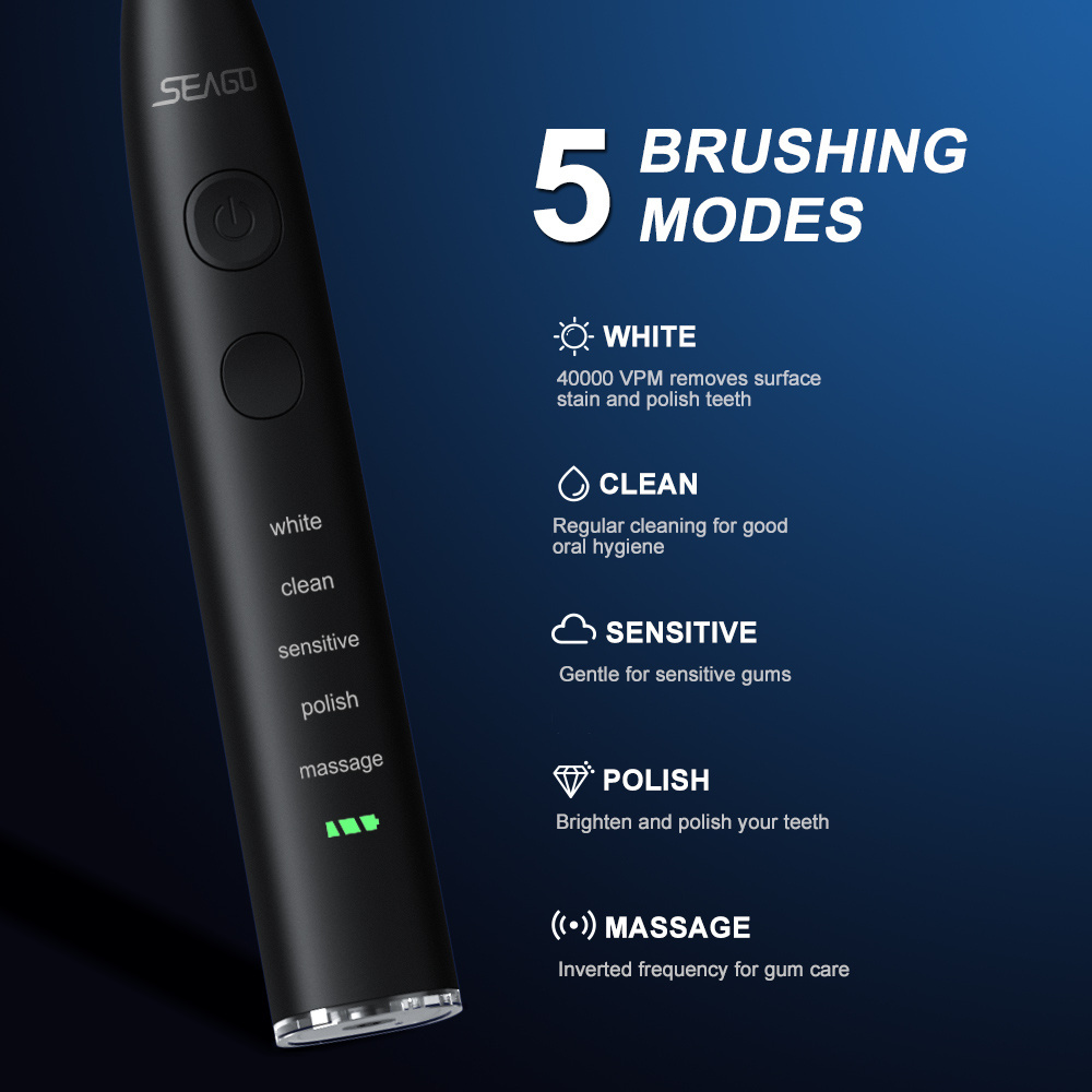 SEAGO SG575 5 Cleaning Modes 5 Replacement Nozzles One Charge 300 Days Powerful Rechargeable Adult Electric Toothbrush