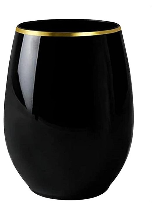 Disposable Plastic 12 oz and 16 oz Black With Gold Rim Stemless Wine Glasses Shatterproof Outdoor Wine Cups Elegant BPA-Free