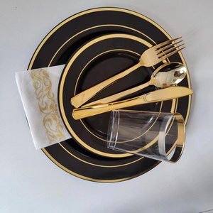 Black and Gold  Disposable plastic Dinnerware Sets Plates Dishes, Premium Heavy Duty Dinnerware Type round Plate Dish