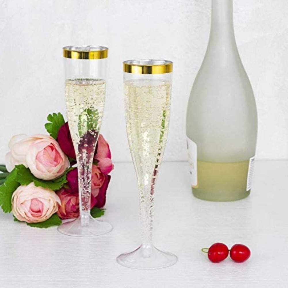 7 OZ Plastic Champagne Flutes Disposable, Gold Glitter and Gold Rim, Wine Glasses for Wedding Party, Toasting Cocktail cups