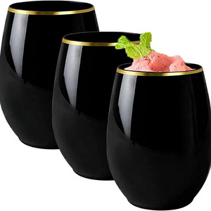 Disposable Plastic 12 oz and 16 oz Black With Gold Rim Stemless Wine Glasses Shatterproof Outdoor Wine Cups Elegant BPA-Free