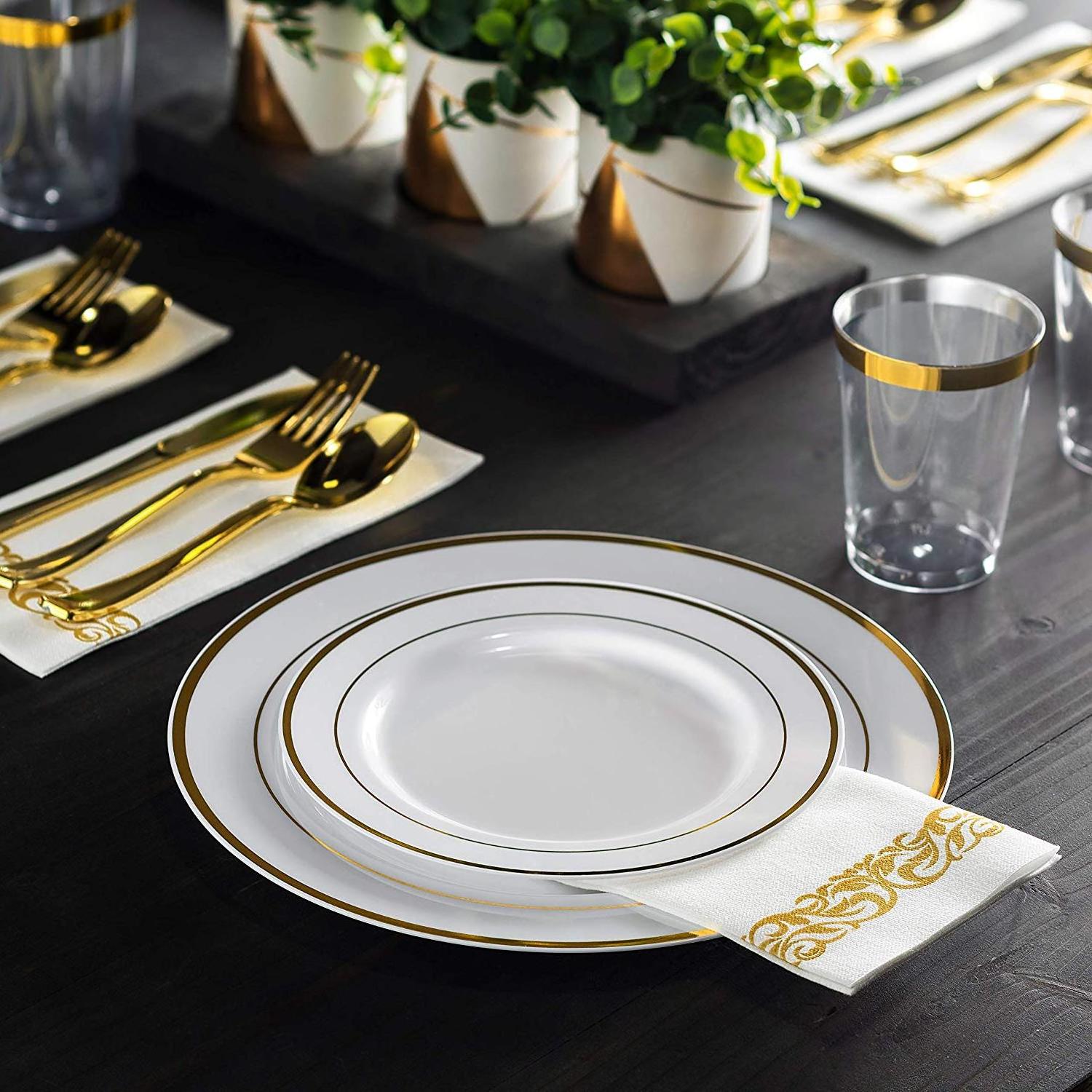 600 pieces gold rimmed disposable plastic dinnerware sets - fork spoon knife cup for weeding party charger plates