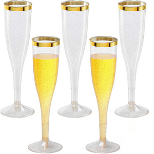 7 OZ Plastic Champagne Flutes Disposable, Gold Glitter and Gold Rim, Wine Glasses for Wedding Party, Toasting Cocktail cups