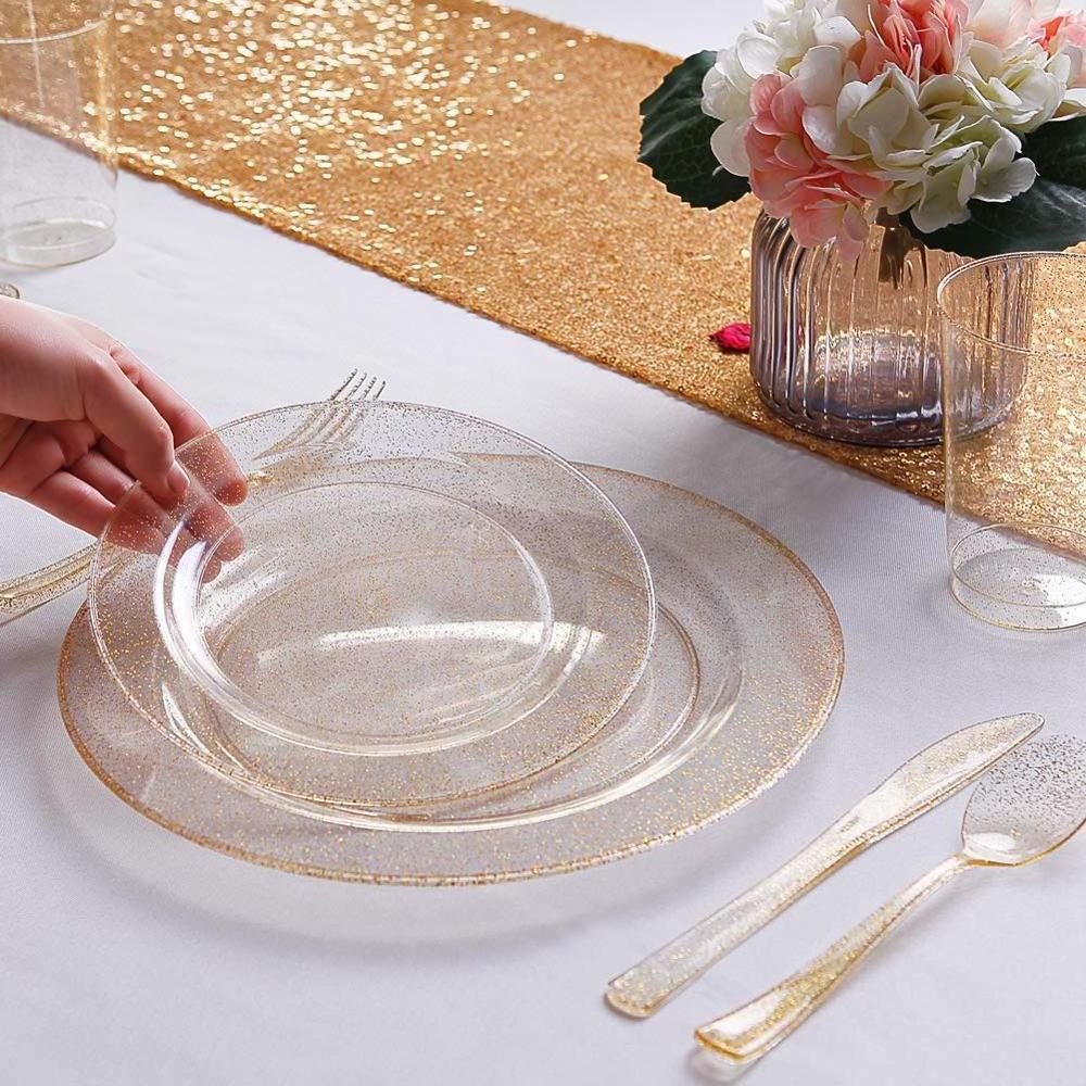 Luxury 7.5inch Gold Glitter Plastic Dinner Plates for Wedding Parties