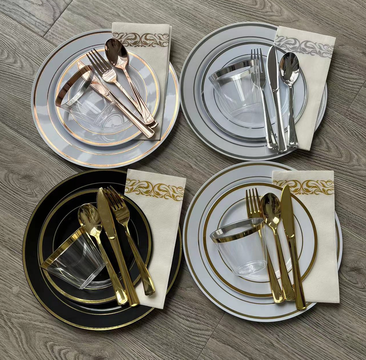 600 pieces gold rimmed disposable plastic dinnerware sets - fork spoon knife cup for weeding party charger plates