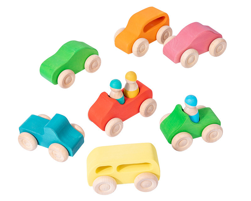 Wooden Vehicles Sets Montessori Wooden Toy Cars Stained Colors Rainbow Wooden Toy Cars for Toddler Kids