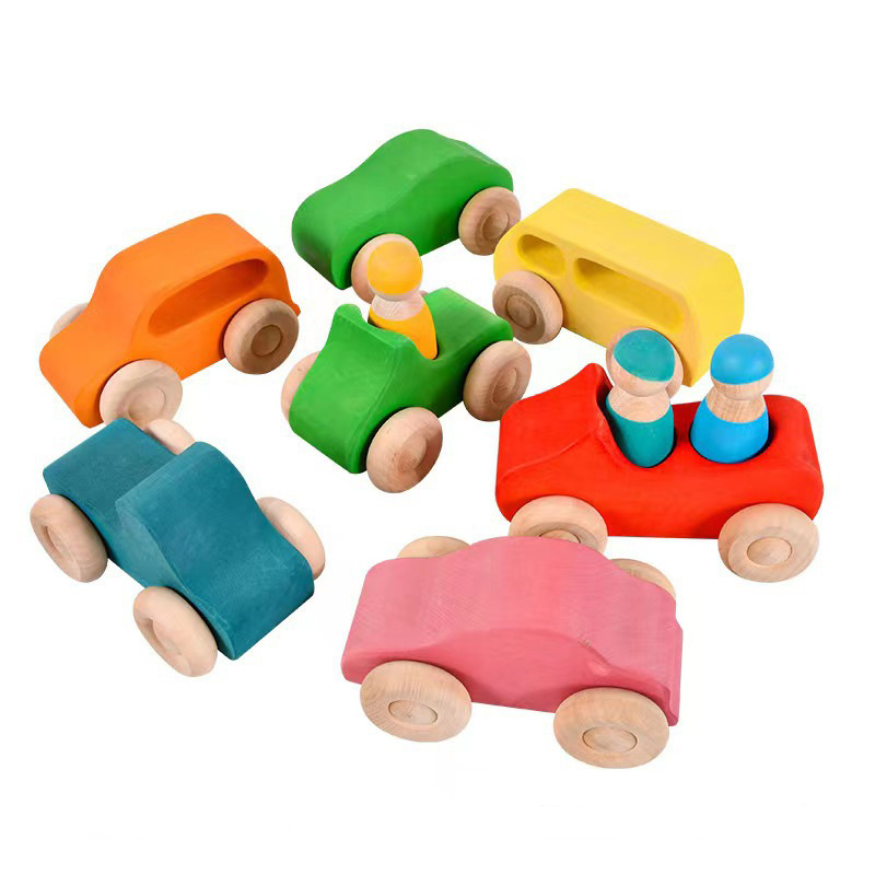 Wooden Vehicles Sets Montessori Wooden Toy Cars Stained Colors Rainbow Wooden Toy Cars for Toddler Kids