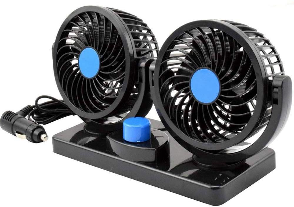 12V Electric Car Fan 360 Degree Rotatable 2 Speed Dual Head Car Auto Cooling Air Circulator Fan for Van SUV RV Boat Auto Vehicle