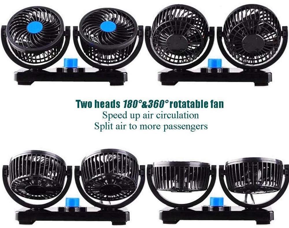 12V Electric Car Fan 360 Degree Rotatable 2 Speed Dual Head Car Auto Cooling Air Circulator Fan for Van SUV RV Boat Auto Vehicle