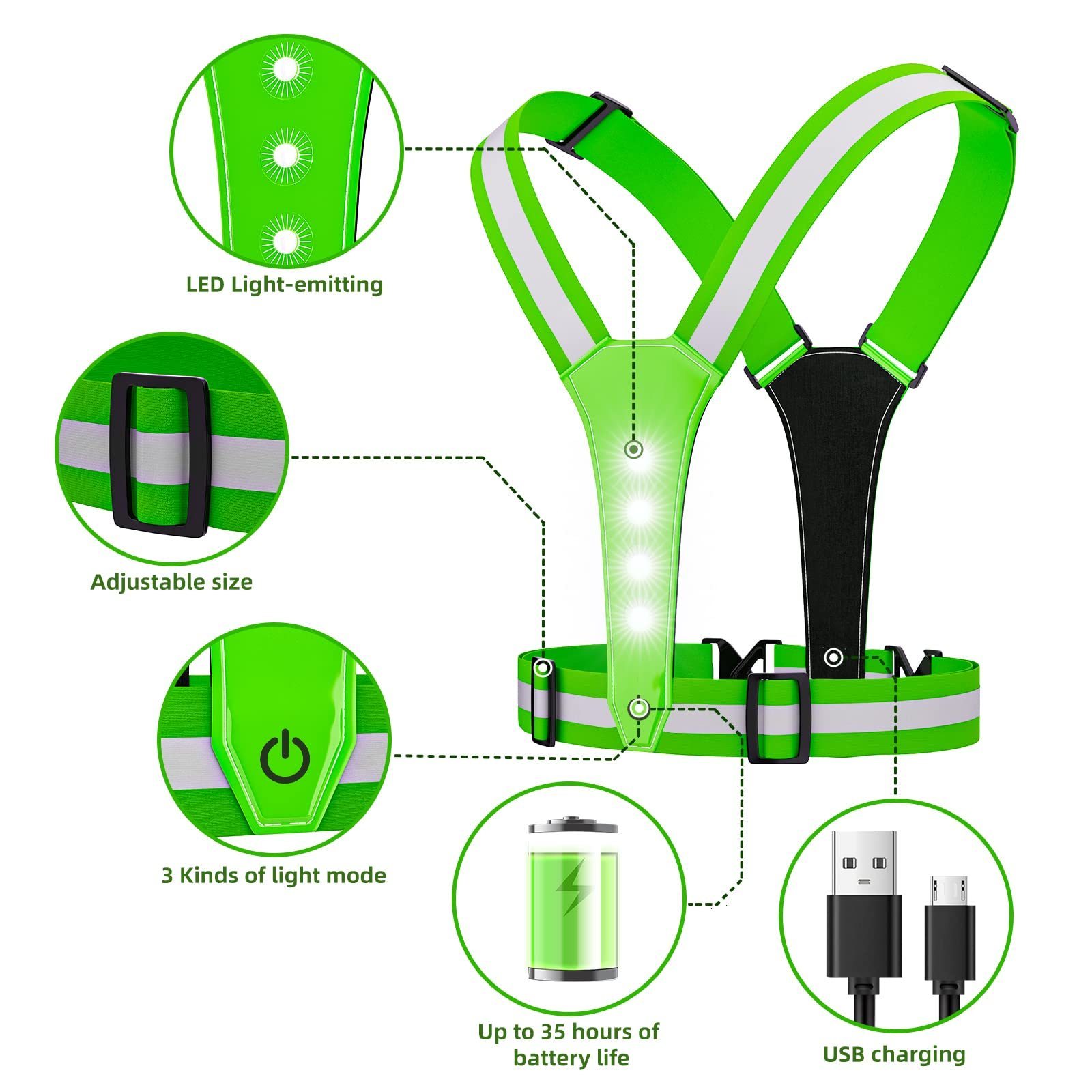 LED Reflective Vest USB Rechargeable Running Gear Night Light up Vest Safety Gear Adjustable Elastic Size Night Running LED vest