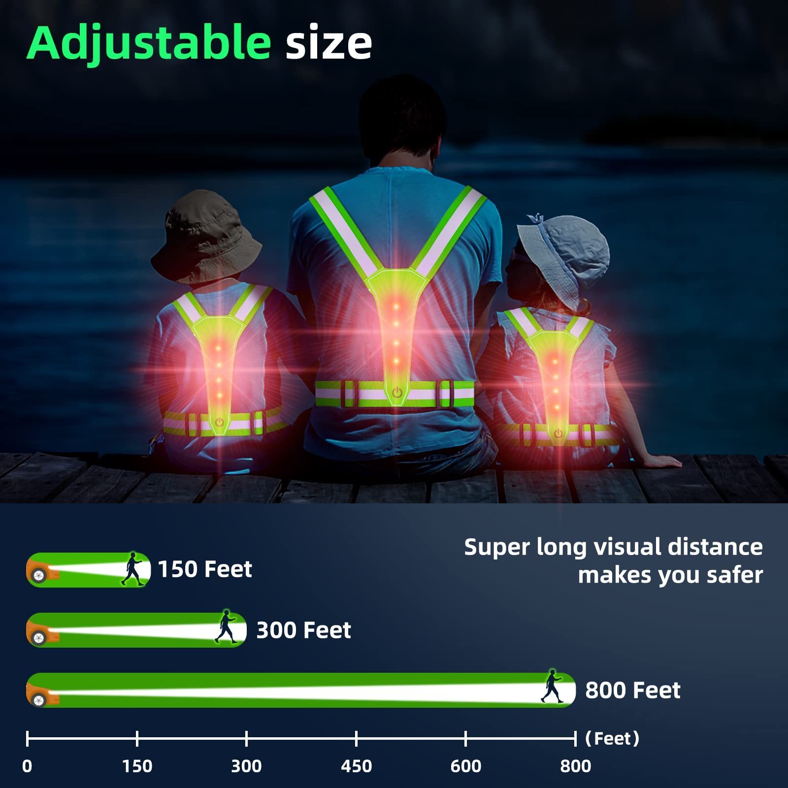 LED Reflective Vest USB Rechargeable Running Gear Night Light up Vest Safety Gear Adjustable Elastic Size Night Running LED vest