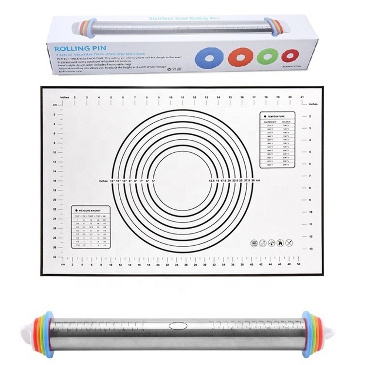 Dough Rolling Pin Dough Roller Stainless Steel Rolling Pins with Removable Adjustable Thickness Rings and Rolling Mat for Baking