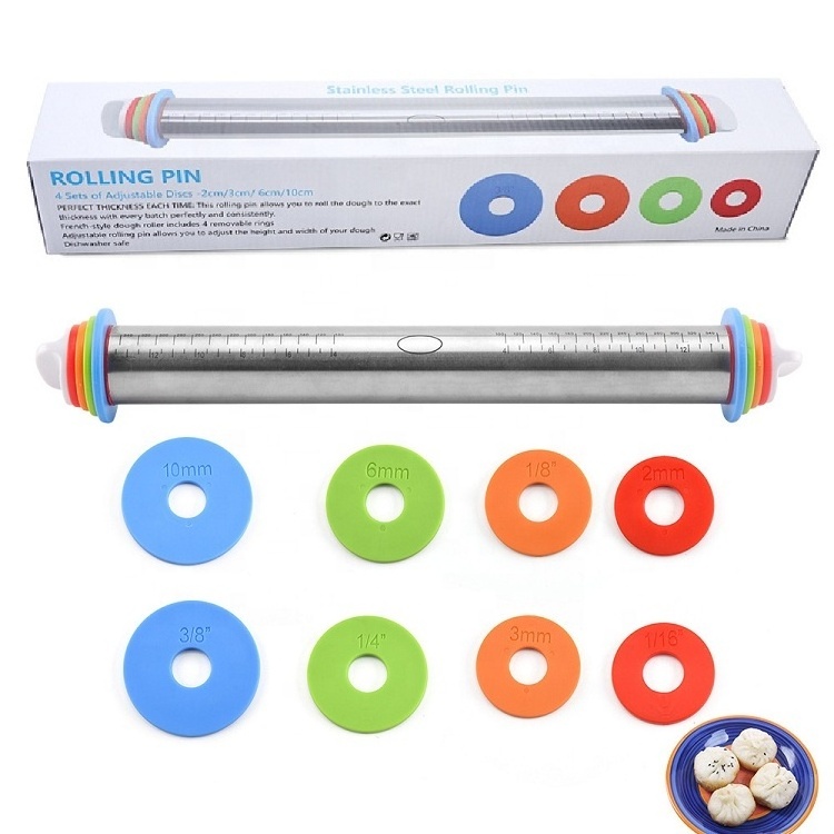 Dough Rolling Pin Dough Roller Stainless Steel Rolling Pins with Removable Adjustable Thickness Rings and Rolling Mat for Baking