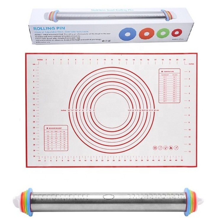 Dough Rolling Pin Dough Roller Stainless Steel Rolling Pins with Removable Adjustable Thickness Rings and Rolling Mat for Baking