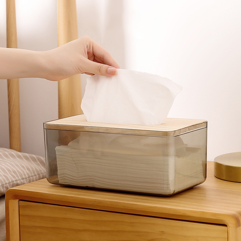 Transparent Tissue Container Holder Facial Tissue Dispenser Box with Bamboo Wood Lid