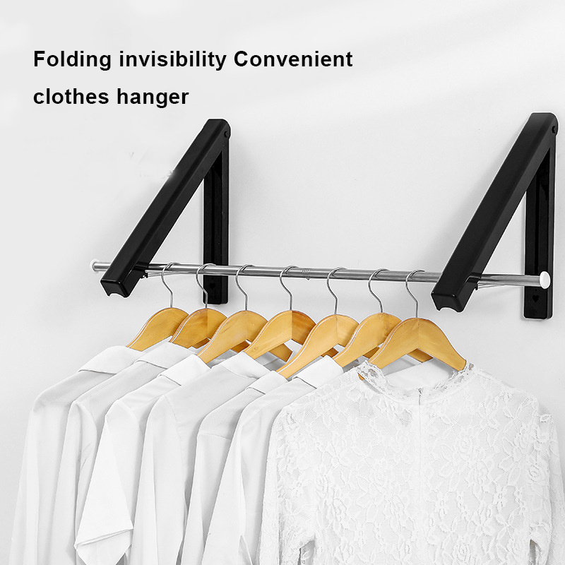 Black Metal Wall-Mounted Coat Rack Foldable Outdoor Clothes Rail for Space Saving in Bathroom or Kitchen