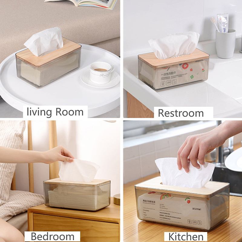 Transparent Tissue Container Holder Facial Tissue Dispenser Box with Bamboo Wood Lid