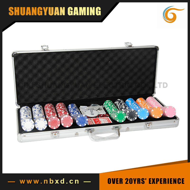 Professional 500 Poker Chip Set with Aluminum Case, Dealer Buttons, 2 Decks of Cards and 5 Dices