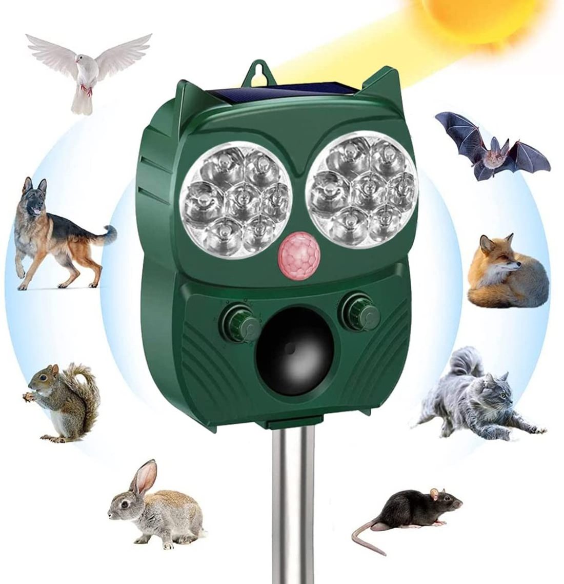 Motion Detector Animal Repellent with Solar Power Weatherproof Rodent Repeller Device