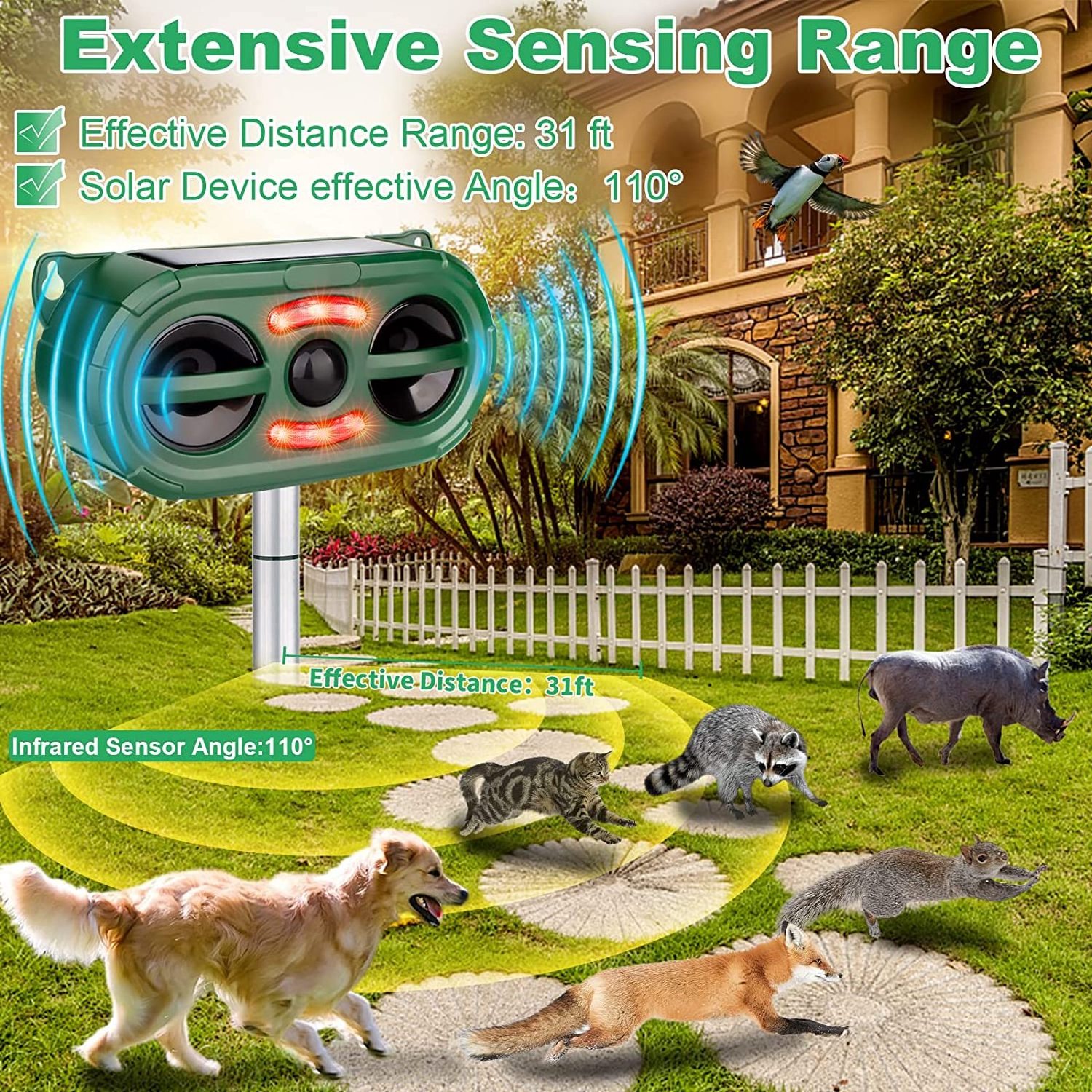 Animal Repeller Solar Power Motion Activated Ultrasonic Bird Cat Dog Snake Repellent Ultrasonic Pest Repeller