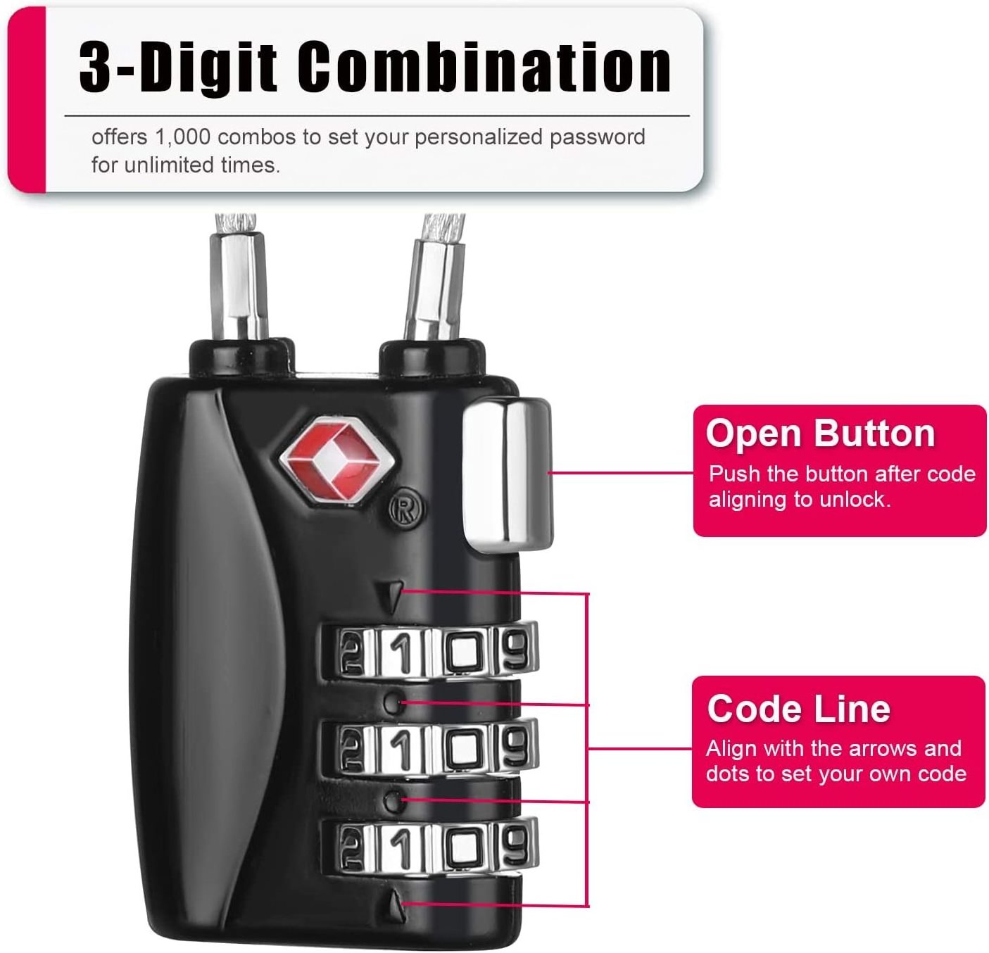 zhenzhi TSA Approved Luggage Locks, 3 Digit Cable Lock for Travel Baggage, Suitcase, Gym Lockers