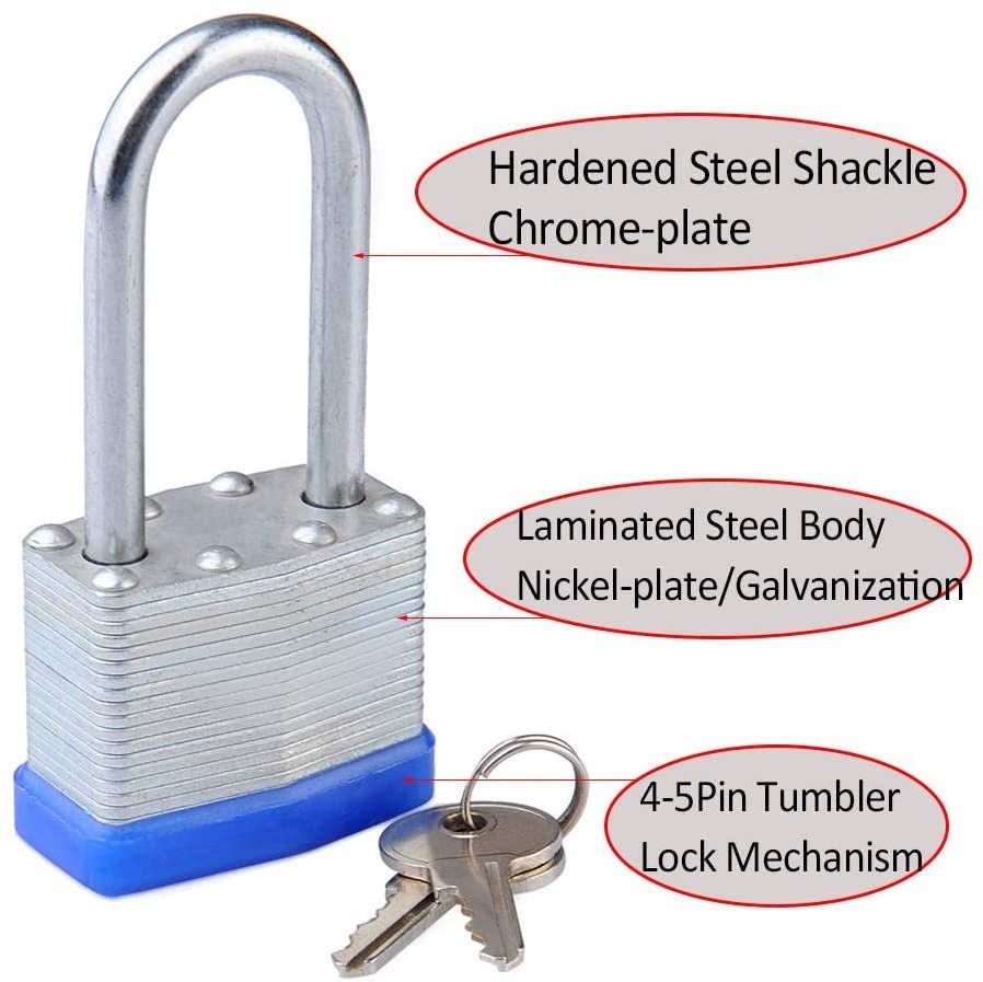 Zhenzhi Padlock with Key Same Laminated Steel Keyed Alike Padlock with Long Hardened Steel Shackle Padlocks 1-9/16