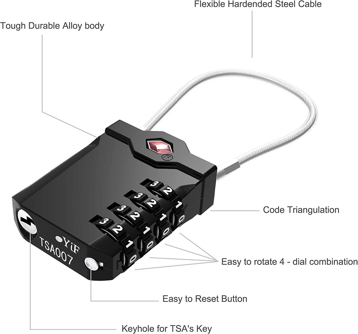 zhenzhi TSA Approved Luggage Locks with Steel Cable 4 Digit Combination Lock with Inspection Indicator Keyless Padlock