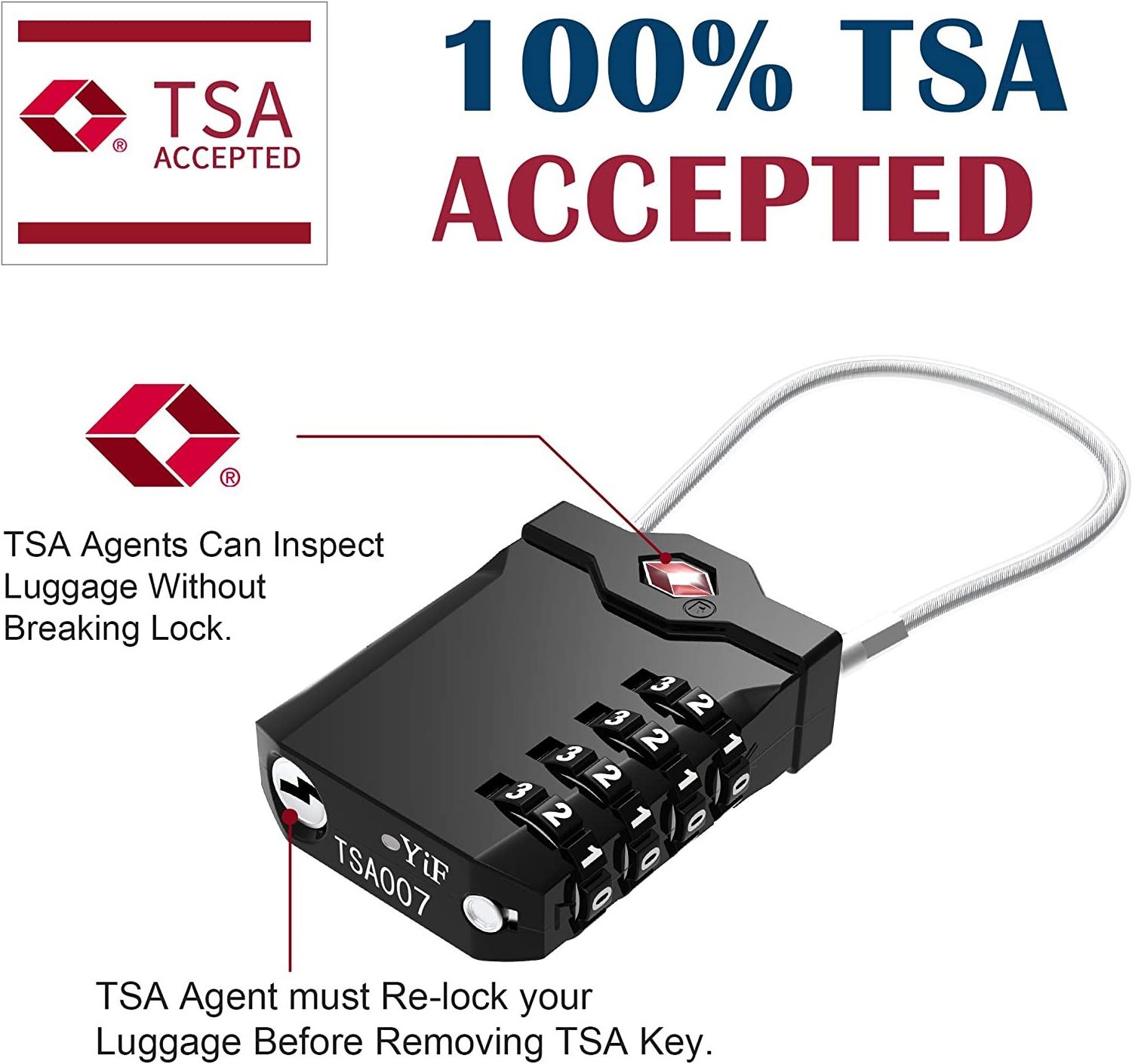 zhenzhi TSA Approved Luggage Locks with Steel Cable 4 Digit Combination Lock with Inspection Indicator Keyless Padlock