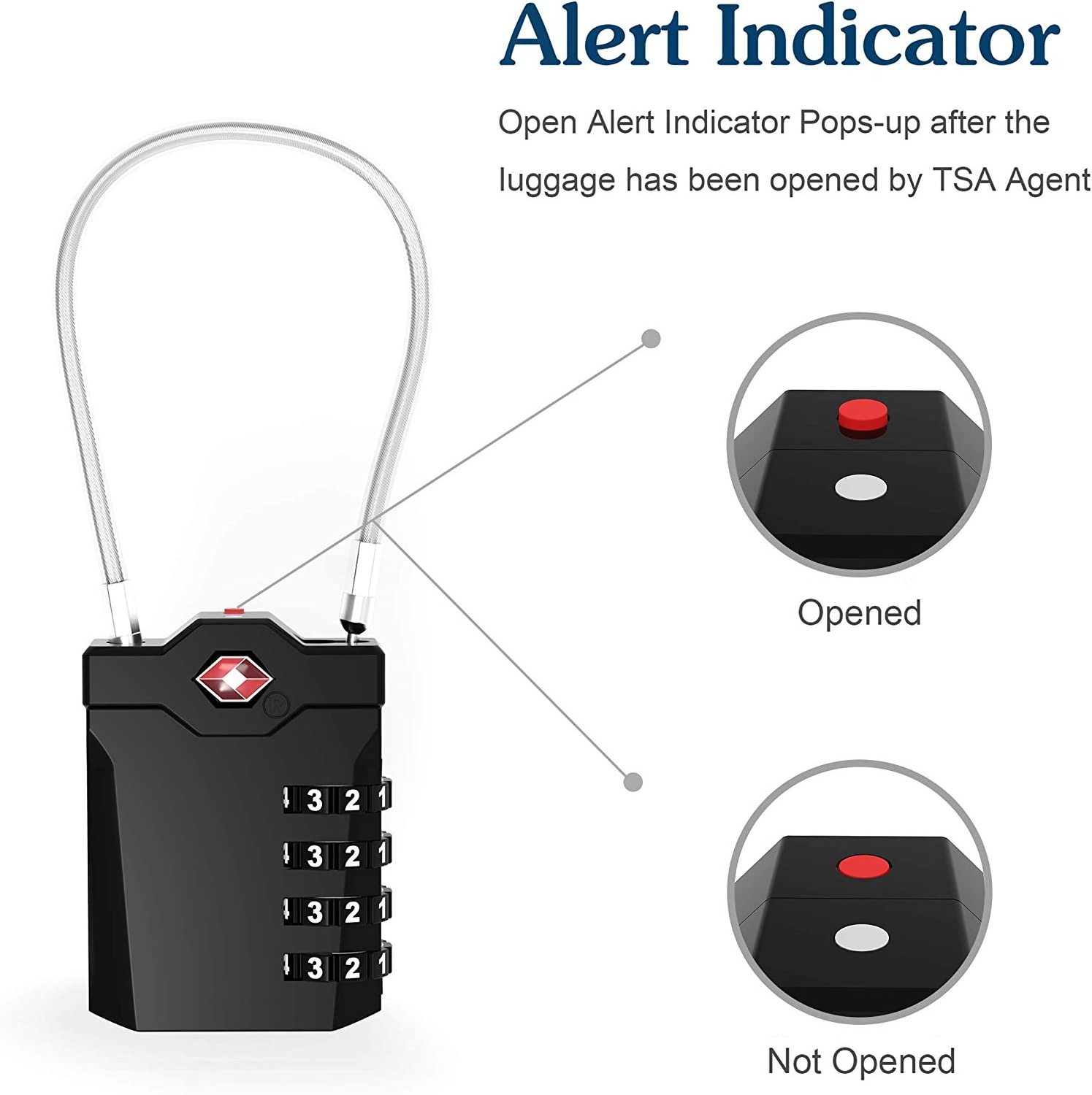 zhenzhi TSA Approved Luggage Locks with Steel Cable 4 Digit Combination Lock with Inspection Indicator Keyless Padlock