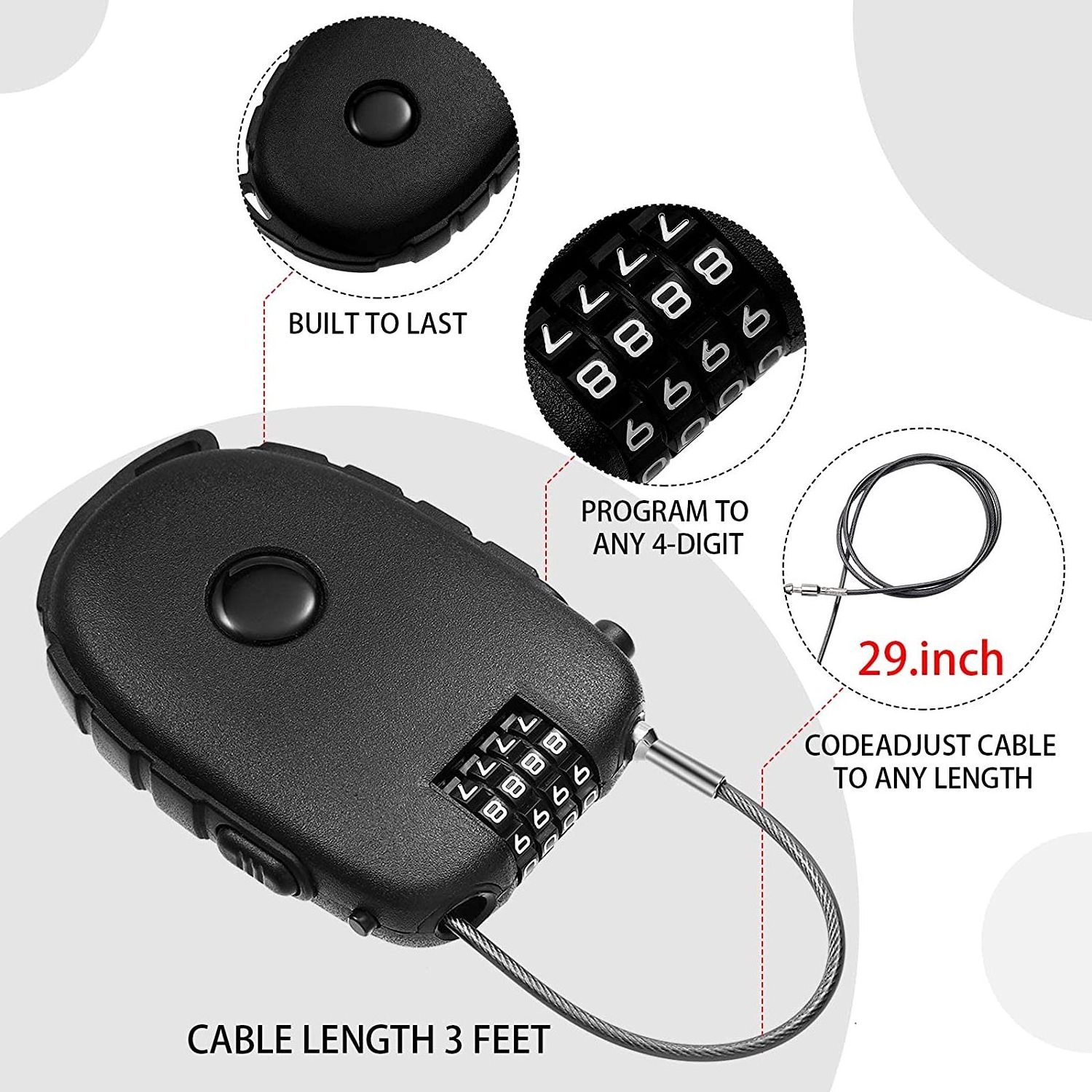 Zhenzhi Ultra-Secure 4-digit Combination Lock with 3 Feet Retractable Cable for Bike, Ski, Snowboard and Stroller