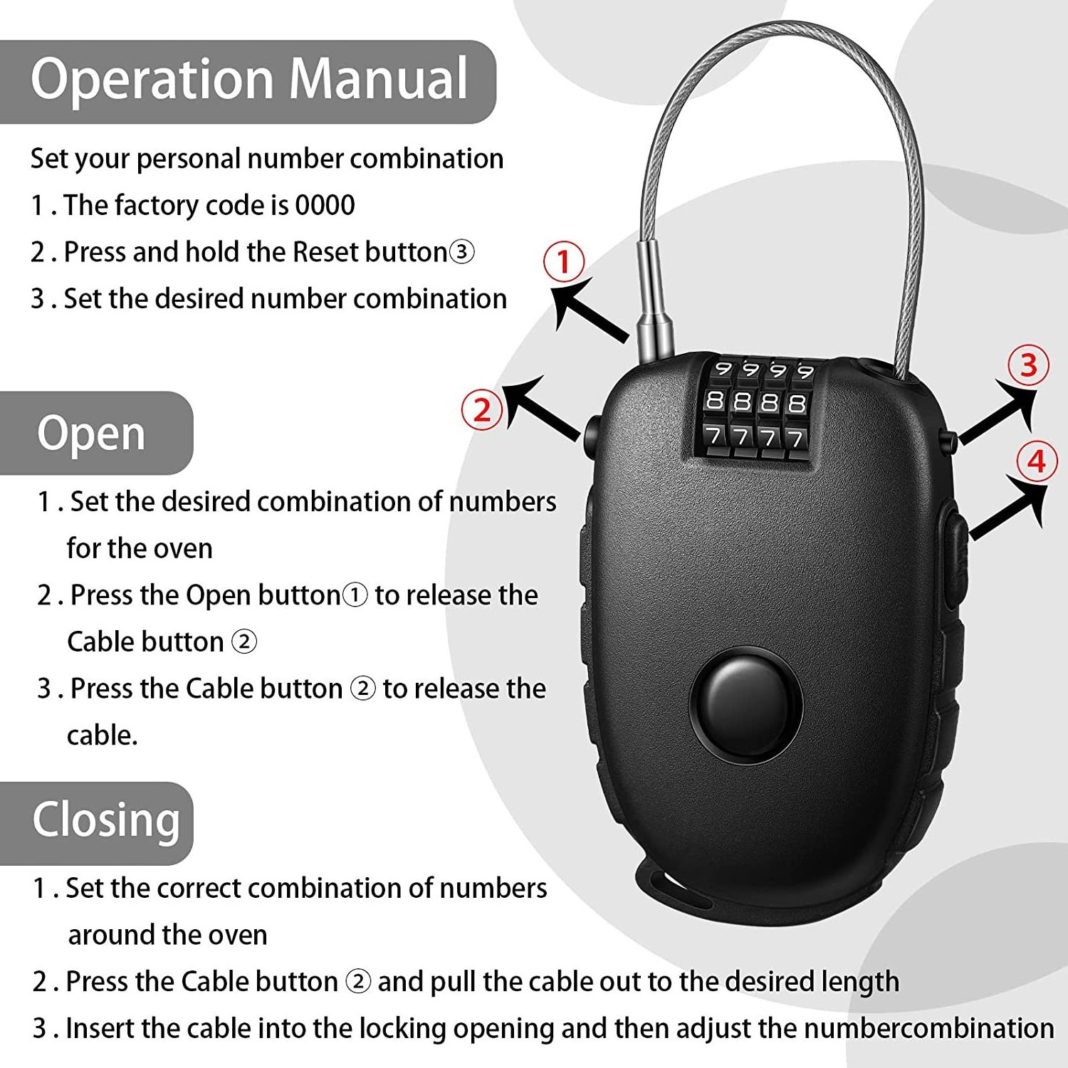 Zhenzhi Ultra-Secure 4-digit Combination Lock with 3 Feet Retractable Cable for Bike, Ski, Snowboard and Stroller