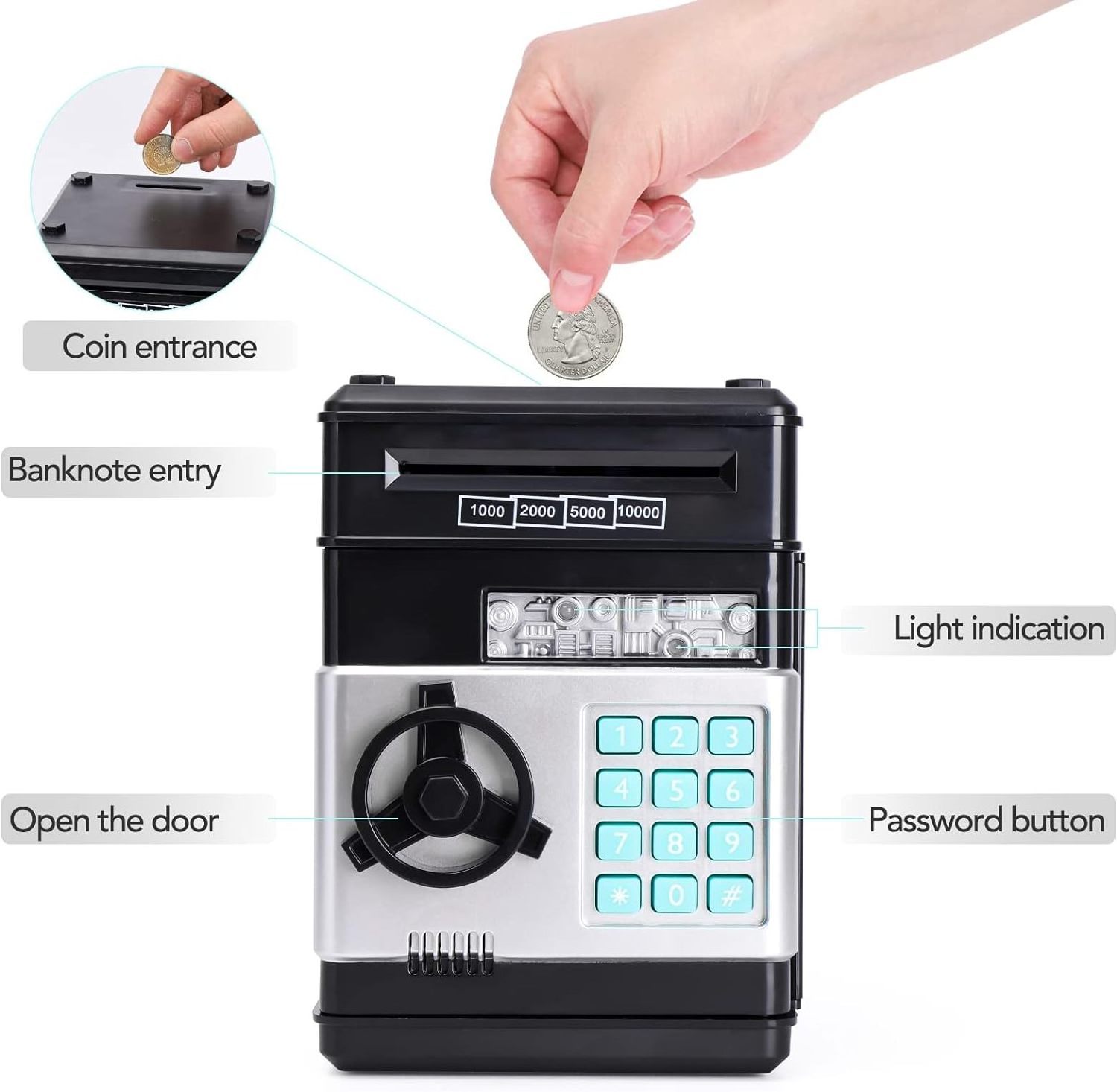 zhenzhi Kids Mini ATM Cash Coin Banks Money Saving Box with Password, Children's Safe Money Jar with Auto Grab Bill Slot