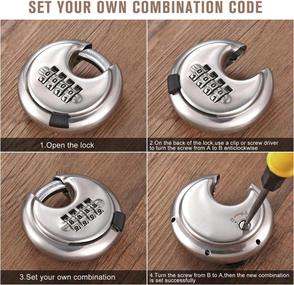 Zhenzhi 4 digit combination DISC padlock with hardened steel fastener for sheds, storage units, gym and bars, silver