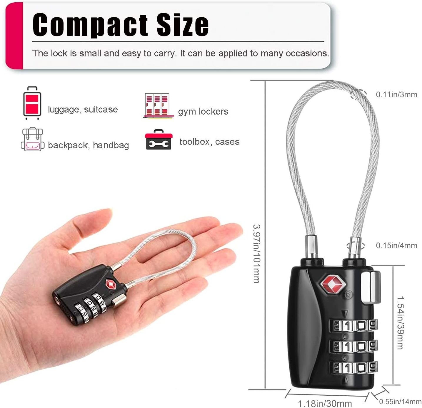 zhenzhi TSA Approved Luggage Locks, 3 Digit Cable Lock for Travel Baggage, Suitcase, Gym Lockers