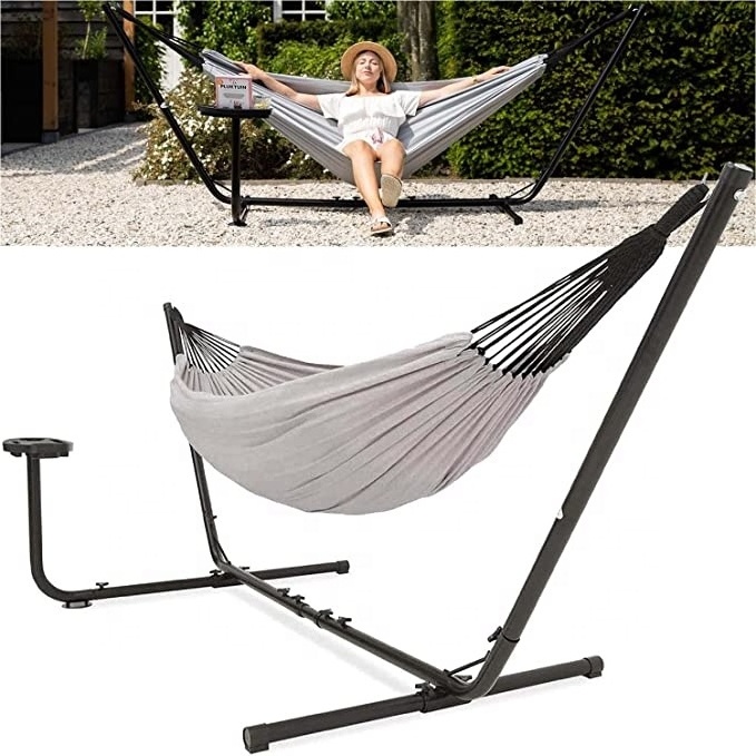 Polyester Cotton Outdoor Double 2 person garden beach holiday travel relax Hammock with Frame and Cup and Book Holder Max.200kg