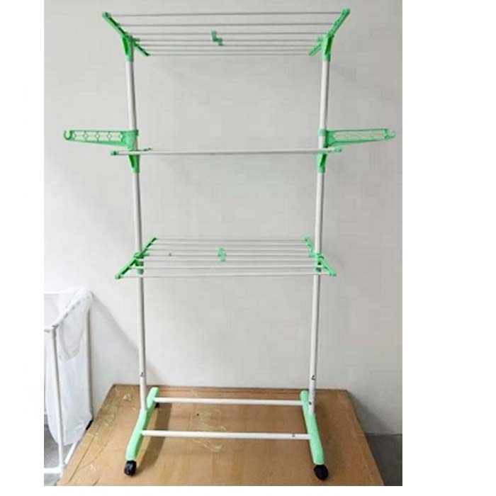 3-tier Clothes Airer Dryer Foldable with Wheels Mobile Flexible Extendible Laundry Tower Made of Powder Coated Steel Plastic