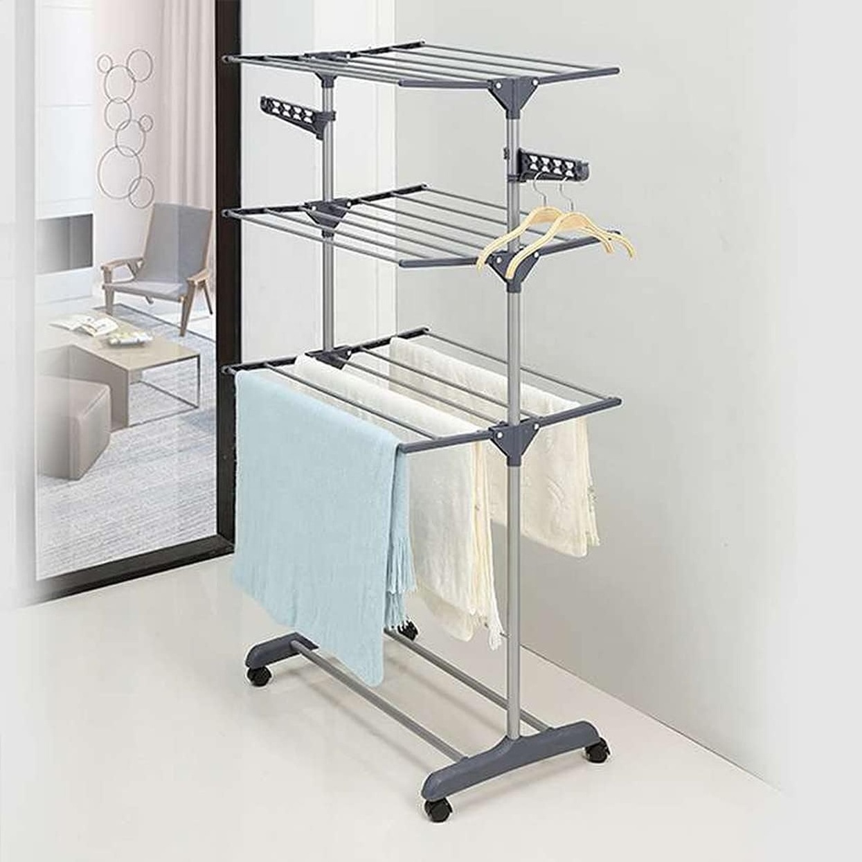 3-tier Clothes Airer Dryer Foldable with Wheels Mobile Flexible Extendible Laundry Tower Made of Powder Coated Steel Plastic