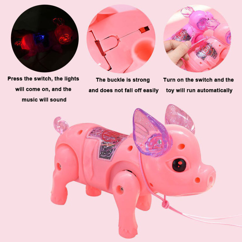 High Quality Light Pig Toy with Leash Cartoon Shape Electric Walking Singing Musical Without Battery Kids Toy light-up toys