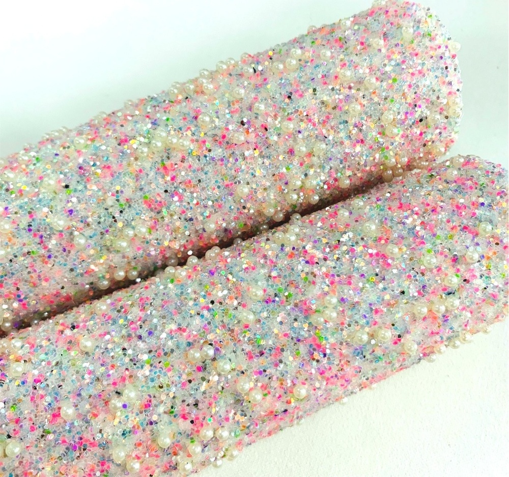 2021Christmas chunky glitter fabric faux leather &polyester pink glitter fabric for crafts