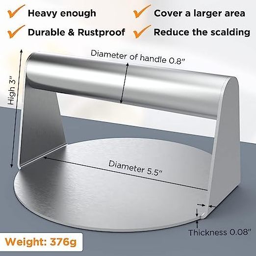 Stainless steel Burger Press, 5.5 Inch Round Burger Smasher,  Smooth Hamburger Press Flat Bottom Without Ridges,