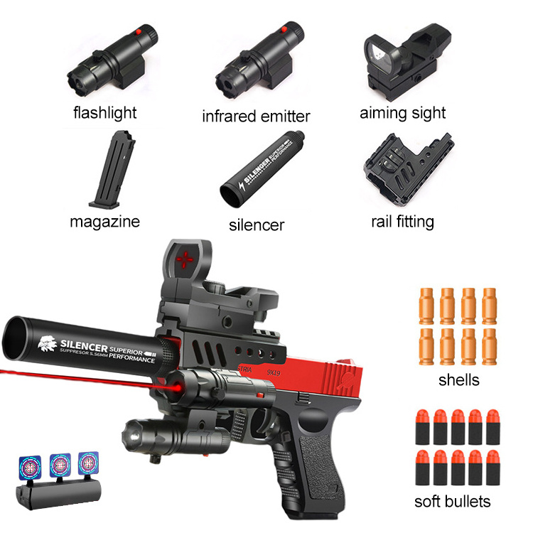 hot style soft bullet gun shell ejecting with flashlight infrared aiming sight magazine target shell ejection toy gun