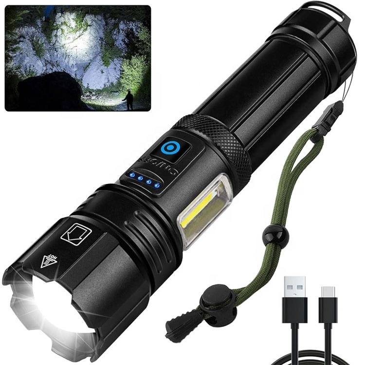 High power aluminum red warning camping led cob torch hunting rechargeable usb C LED Zoom flashlight