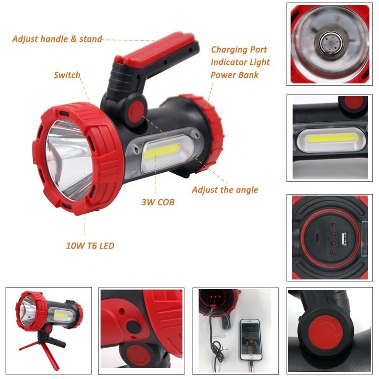 10W Handhold Spotlight Rechargeable USB Search Lamp LED COB High Power Outdoor Hunting Spot Search Light With Power Bank